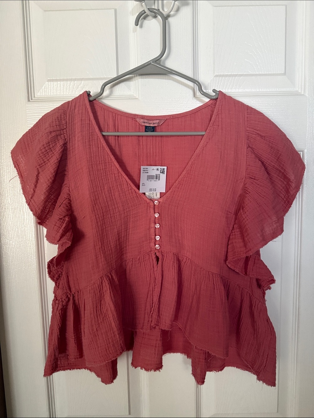 American Eagle Coral Pink Ruffle Peplum V-Neck Top
